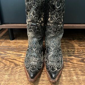 Women Black vintage embroidery inlay western Boots cowboy corral 7M tan stitch